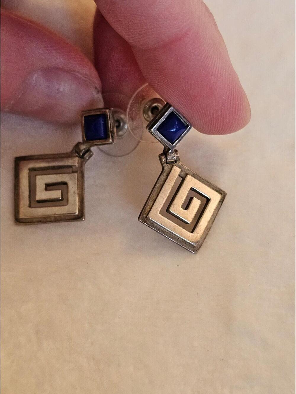 Sterling Silver 925 Greek Key Earrings With Blue Stone